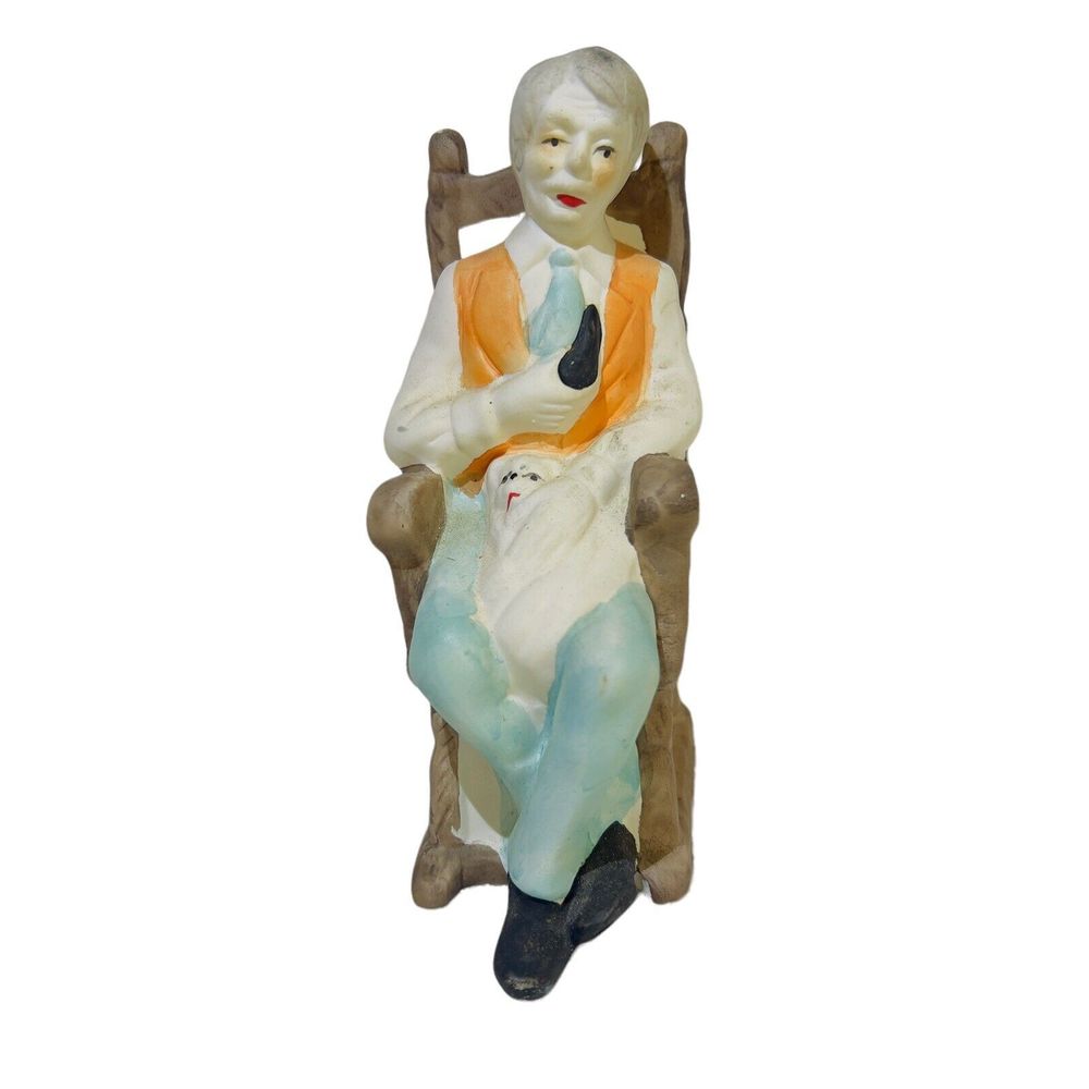 Bisque Ceramic Vintage Hand painted 6.25” Older Man Rocking Chair Cat Pipe